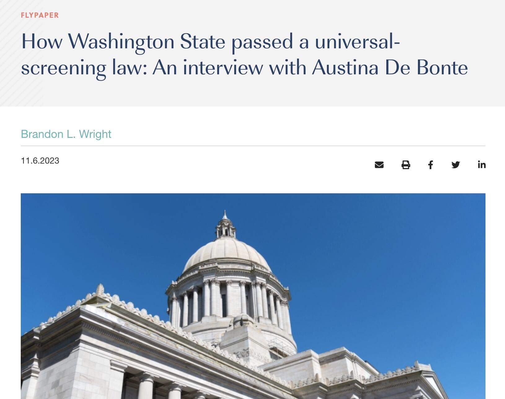 Screenshot of Fordham Institute headline about interviewing WaCoalition President. Image of Washington State's Capital building against a clear blue sky.